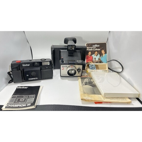 Lot Of 2 Vintage Camera Untested VIVITAR CHAMPION 35 Polaroid Square Shooter 2 - Picture 1 of 16